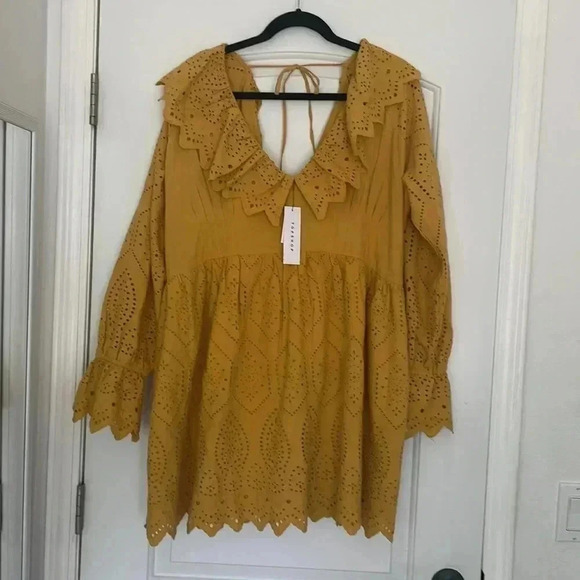 NWT Topshop Broderie Eyelet Ruffle Long Sleeve Minidress Yellow Sz 8 - Picture 5 of 14